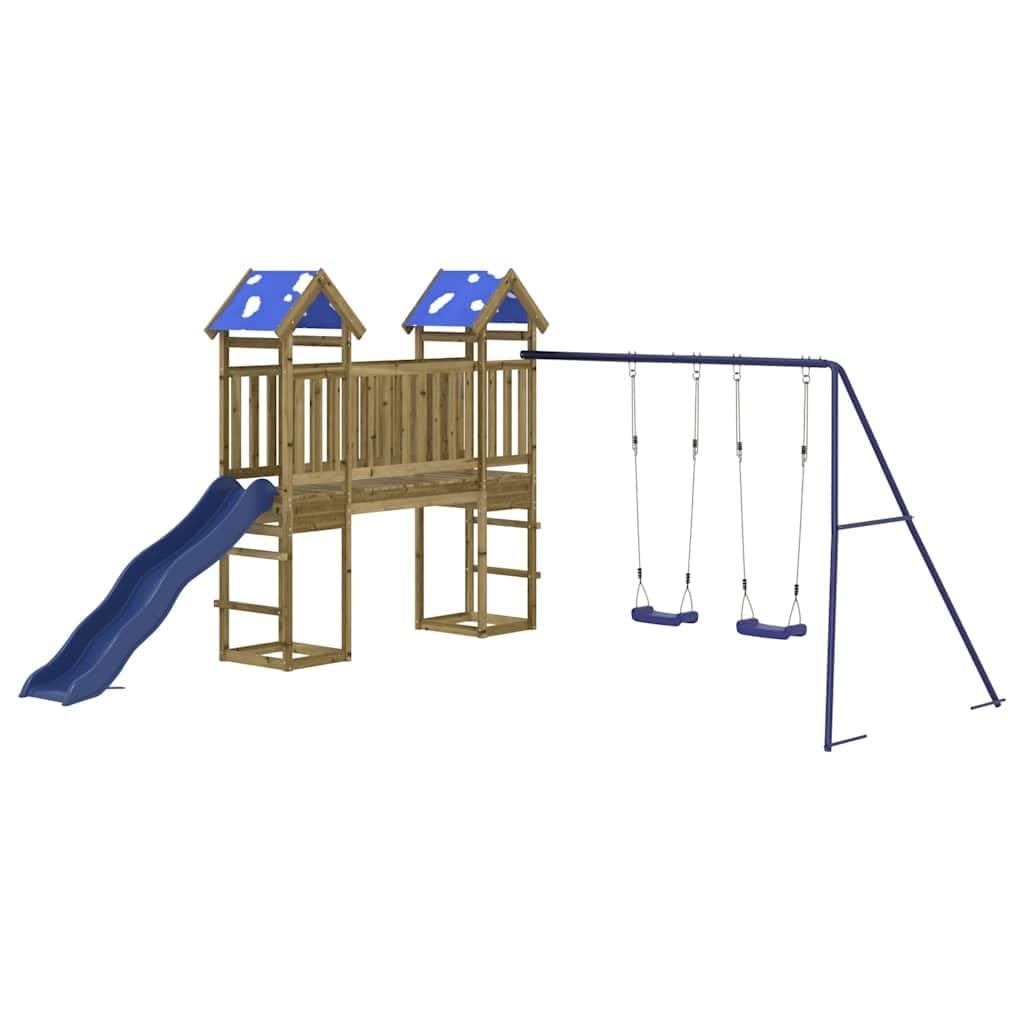 Torre de juego de madera de pino impregnada con tobogán, columpio, arenero y estructura de escalada para jardín y exterior, adecuada para niños de 3 a 8 años
