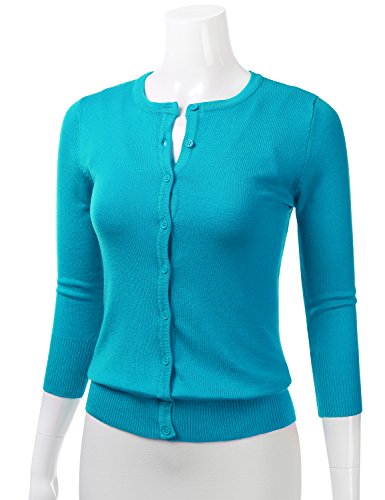 Women's Button Down 3/4 Sleeve Crew Neck Knit Cardigan Sweater Turquoise S #TOP1