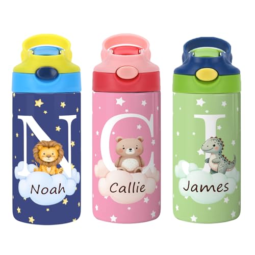 Image of callie Personalized Animal Insulated Water Bottle for Kids, Custom 12 oz Leak Proof Lid Stainless Steel Cups with Straw, Cute Gifts for Boys Girls