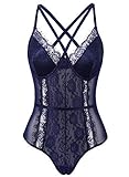 Evelife Mujer Conjunto De Mono Lencería De Sexy Encaje Transparente con Body Interior Tirantes Body Tanga v Neck Babydoll Teddy(Aros-Azul Oscuro XX-L)