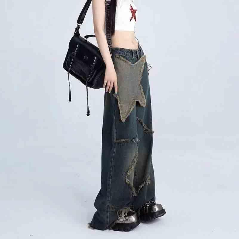 BXCNCKD Women's y2k Retro Leg Wide Leg Pants with Star Pattern Rough Edged Floor Pants high Waisted Loose Jeans - Image 4