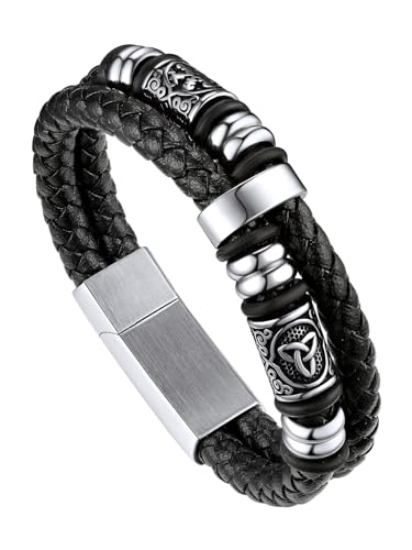 Bandmax Keltische Knoten Lederarmband Herren Viking Armband Kompass Lederarmband Flechtarmband mit Magnetverschluss Manschette Armband Wikingerschmuck Länge 23 CM