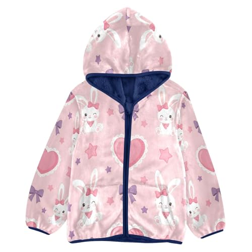 Cute Rabbits with Hearts Pattern Toddler Fleece Jacket Girl Boys Hooded Fleece Jacket Coat Warm Outwear Zip-up 3-10T