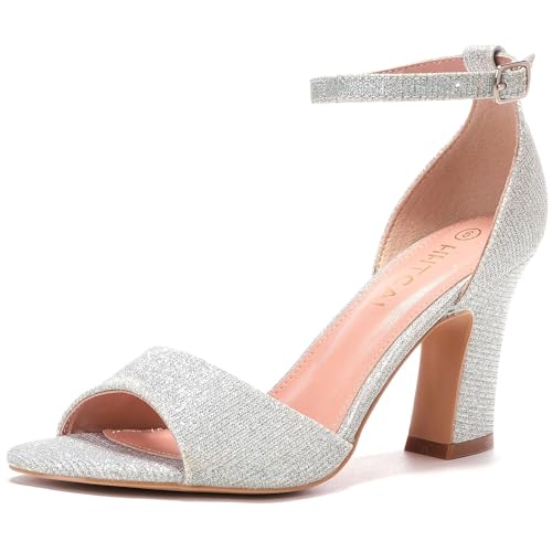 HHTCAL Block Chunky Heels for Women Peep Open Toe Ankle Strap Strappy Heeled Sandals 3 inch Party Dress Wedding Shoes Bride Bridesmaid Silver Glitter US Size 6.5