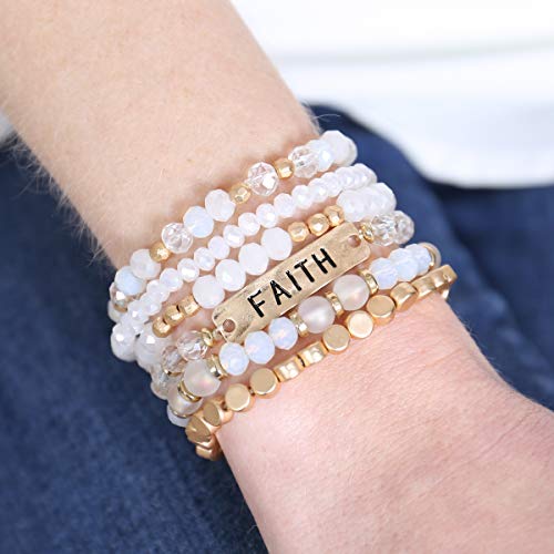 RIAH FASHION Inspirational Multi Layer Beaded Stackable Statement Bracelets - Natural Stone, Druzy Stretch Strand Slip-on Cuff Bible Christian Cross Prayer Bangle Set2