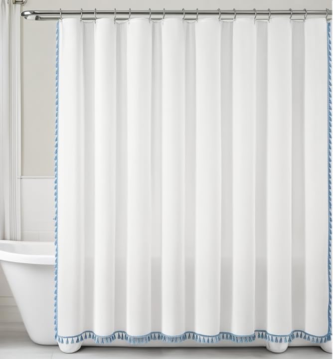 100% Recycled Cotton Tassel Blue White Shower Curtain – Eco-Friendly, Lightweight Sustainable Fabric, Button Hole Semi Sheer Curtain for Bathroom, Durable & Washable, 72"x72"
