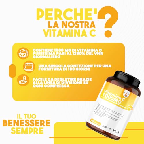 Vitamina C 1000Mg, 180 Compresse Vegan, 6 Mesi Di Fornitura -Integratore Vitamina C Pura Da Acido Acorbico - Difese Immunitarie, Contro Stanchezza Ed Affaticamento - 2