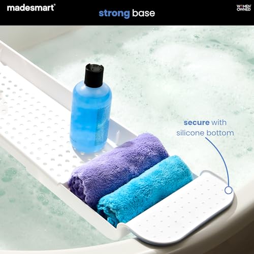 madesmart-Expandable-Bath-Tray-White-adjustable-tub-fit-drainage-holes-soft-grip-sides-soap-razors-toys-bathtub-caddy-woman-owned