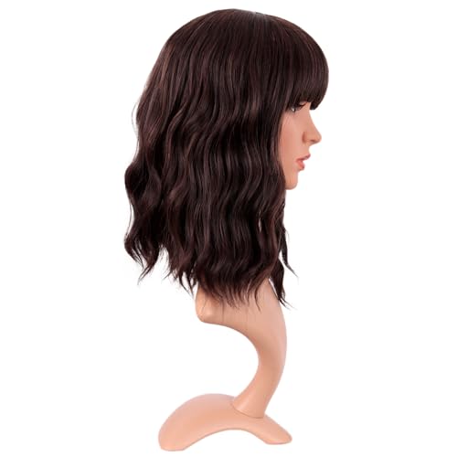 Image of MapofBeauty 14 Inch /35 cm Short Wavy Curly Women Fresh Bright Synthetic Ordinary Flat Bangs Bob Wig (Dark Brown)