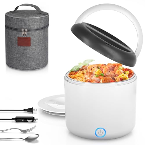 Vingud Electric Lunch Box for Adults, 1.2L/41oz, 100W Fast Heated Lunch Box, 12V/24V/110V Portable Food Heater for Car/Office Work with 304 Stainless Steel Container, White Gray