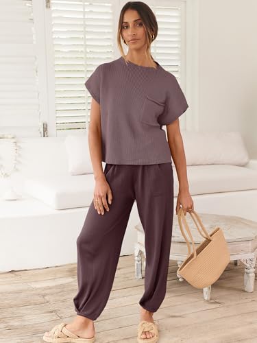 Image of ANRABESS Women's Two Piece Outfits Sweater Sets Knit Pullover Tops and High Waisted Pants Tracksuit Lounge Sets
