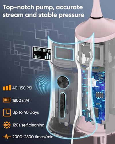 MySmile LP221 UVC Sterilizable Cordless Water Flossers for Teeth 335ML Portable OLED Display Dental Flosser with 4 Modes 8 Jet Tips and a Storage Pouch for Home and Travel (Juicy Pink)