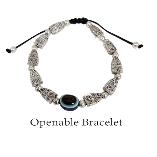 Image of Touchstone New Indian Bollywood Handcrafted Blue Evil Eye Engraved Owl Motif Metallic Beads Fabulous Style Designer Jewelry Adjustable Thread Bracelet in Oxidized Silver Tone for Women