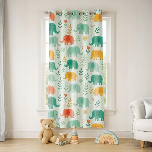 Image of STITCHNEST Velvet Kids Curtains Pack of 2 | Colorful Elephant & Leaf Print | Semi Blackout Curtains for Nursery, Baby & Toddler Room | 7 Feet