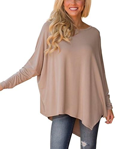 XUERRY Women Solid Batwing Sleeve Pullover Dolman Tunic Tops Round Neck Loose Blouses (B, Mocha)