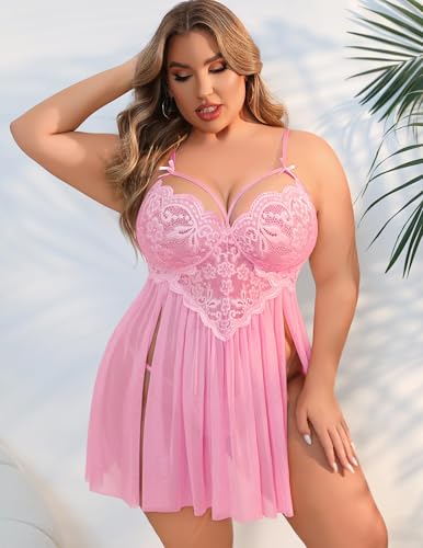 Image of Avidlove Plus Size Lingerie Lace Babydoll Womens Strap Chemise Nightgown V Neck Nighty Mesh Sleepwear Side Slit Nightdress