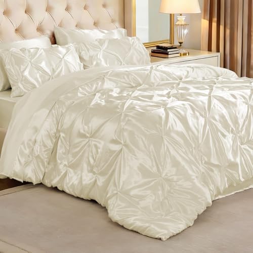 Image of BEDELITE Satin Comforter Set Queen Size, 7 Pieces Pintuck Bed in A Bag with Comforter, Flat Sheet, Fitted Sheet, Pillowcases, Shams, Soft Similar to Silk Bed Set for All Seasons (Ivory White)