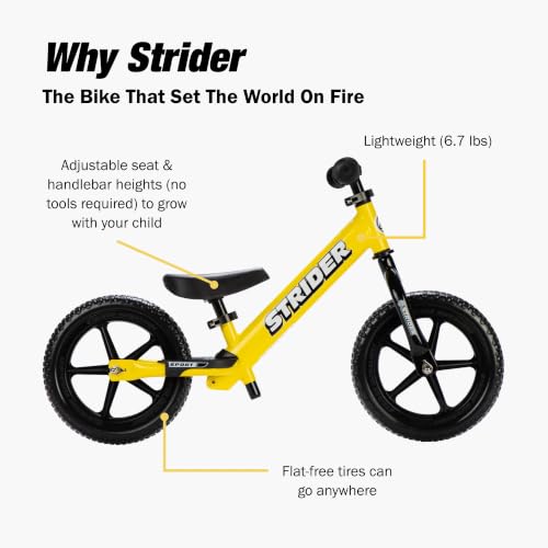Image of Strider 12 Sport Bike, Yellow - No Pedal Balance Bicycle for Kids 1 to 4 Years - Includes Safety Pad, Padded Seat, Mini Grips, Flat-Free Tires-Easy Assembly, Tool-Free Adjustments