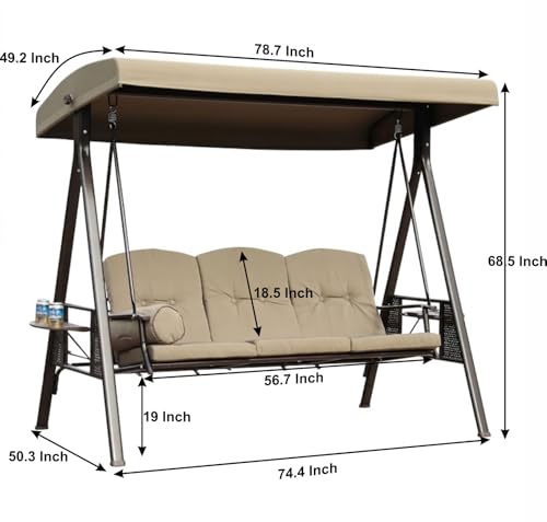Image of Invezo Luxury Outdoor Garden Swing 3 Seater Jhula with Cushion and Waterproof Roof (Jhula for Adults, Outdoor Swing for Kids) Cup Holder and Round Pillow, Khaki Color