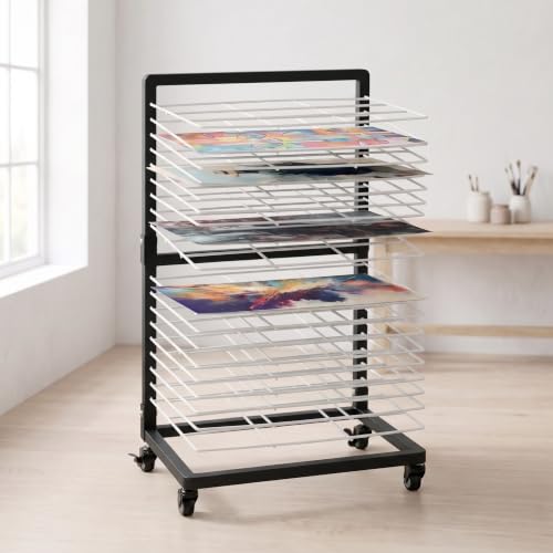 Image of OFFICEROO Art Drying Rack for Classroom & Preschool - 18-Shelf Mobile Paint Drying Rack, Canvas & Paper Drying Rack for Art Storage (Black&White)
