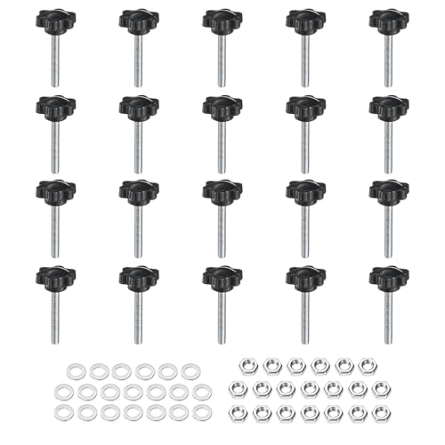 uxcell 20pcs Star Clamping Knobs with Nuts Washers, M5 x 35mm Metric Zinc Plated Carbon Steel Male Thread 25mm 6-Star Plastic Head, Threaded Stud Hand Knobs Handles Thumb Screws, Black