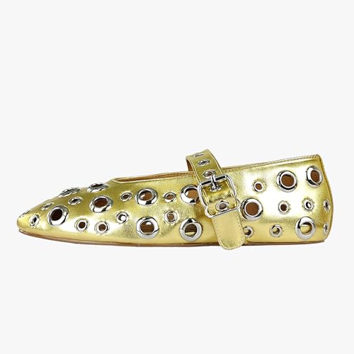 Image of Fashion Buckle Ballet Flats Women's Delicate Metal Buckle with Rivet Holes Mary Jane Comfort Flats