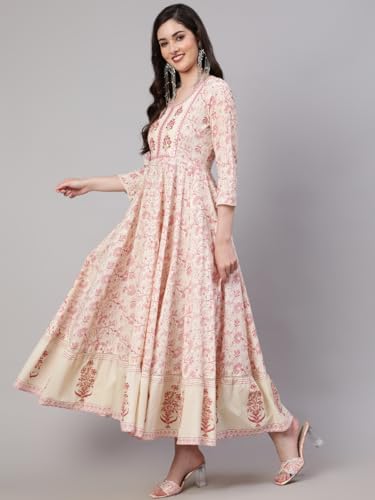 Image of Mizaz Women Printed Embroidered Cotton Round Neck 3 /4 Sleeve Ankle Length Flared Kurta Pant And Dupatta Set (MZ1038OFFWHITE P)
