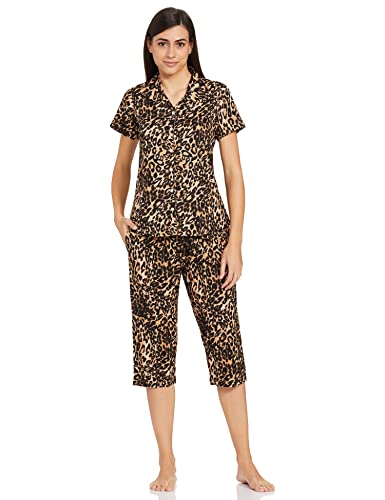 Image of Longies Women's Rayon Capri Nigh Suit Regular Set (LGRCSSYV001 Leapord Yellow024 S)