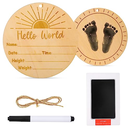 Ankündigungsschild Baby Set aus Holz mit Schwarzem Marker & Stempelkissen für Hand- und Fußabdrücke Doppelseitig Hello World Schild für Kindergarten Krankenhaus Babyparty-Andenken(Sonnenaufgang)