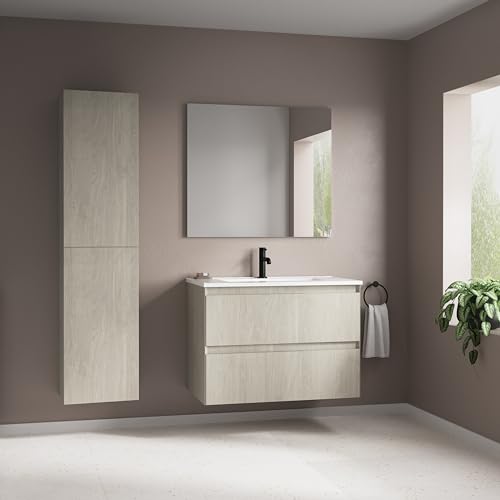 AMIZUVA - Conjunto de Mueble de Baño Suspendido Serie Talia, Incluye Lavabo Cerámico y Tirador Metálico, Acabado en Roble Blanco - Dimensiones 80x56,5x45 cm - imagen 3