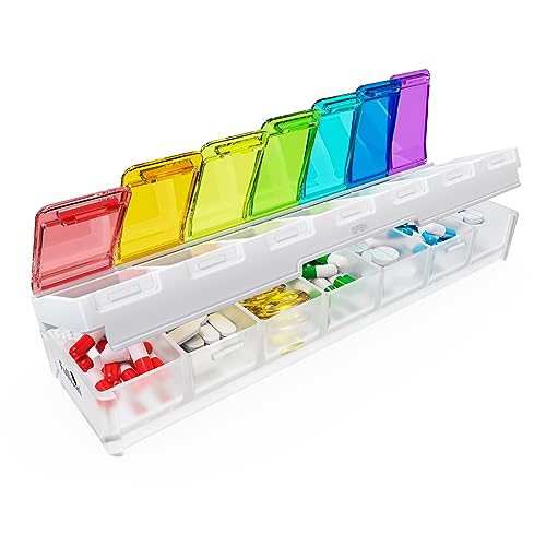 Image of Fullicon Weekly Pill Organizer 7 Day Quick Fill & Spill Proof Designed Large Pill Box with Free Labels Travel Medicine Organizer for Medicine, Vitamin, Fish Oil, Supplement (Rainbow Clear)
