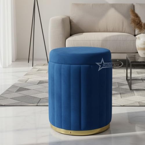 Image of Round Strip Stool with Cushion Foot Rest Office Stool Pouf Ottoman Padded Seat in Living Room - Blue