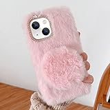 Omio for iPhone 13 Plush Case with Detachable Makeup Mirror Warm Plush Cute Case for Girls Women Fluffy Furry Back Cover Luxury Glitter Crystal Rhinestone Winter Cover for iPhone 13 Pink