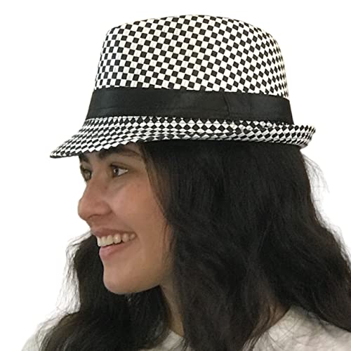 Silverfever Checkered Fedora Plaid Pattern Trilby Hat Men Women Classic Manhattan Hat (White Black) #TOP3