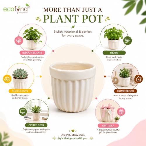 Image of ecofynd 3.5 Inch Ceramic Plant Pots with Drainage Hole, Modern Decorative Clay Flower Pots for Indoor Plants, Decorative Tabletop Planters for Home, Office, Living Room, Bedroom & Shelf (CPOT046-WHT)