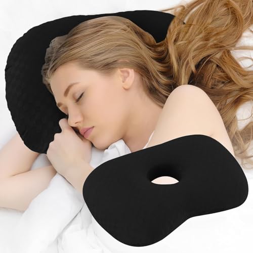 Wizsofer Ear Piercing Pillow with an Ear Hole, Cotton and Polyester Side Sleeping Pillow for CNH and Ear Pain Ear Inflammation Pressure Sores for Side Sleepers, Ear Guard Pillow (Black)