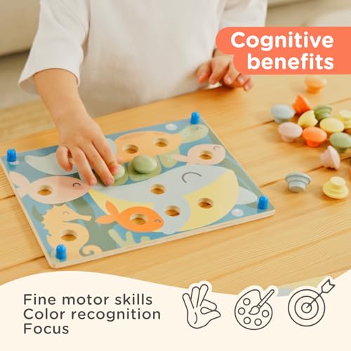 Image of Nene Toys Wooden Color Matching Pegboard for Toddlers 2+ - Pastel Button Art Mosaic Puzzle with 24 Wooden Pegs & 12 Pattern Cards - Montessori Fine Motor Toy for 2 3 Year Old Boys Girls