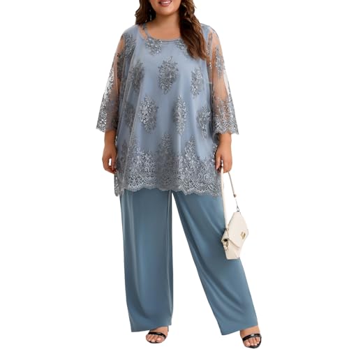 Plus Size Mother of The Bride Pantsuit Outfit Elegant Lace Embroidered 2 Piece Womens Formal Wear for Wedding Guest