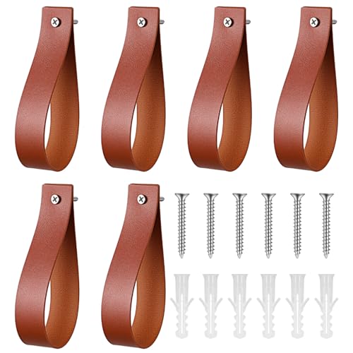 Apojgitn Leather 6 Pc Wall Hooks, Strap Curtain Rod Holder Set - No Drill Curtain Rods Holders, Leather Straps Rod Brackets for Wall, Holder & Hooks for Extra Long Rods Mount Hanges Boho(Brown)