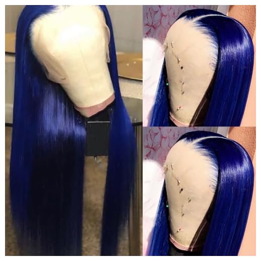QD-Tizer Blue Lace Front Wigs for Fashion Woman Long Straight Navy Blue Hair Heat Resistant Fiber Hair Synthetic Lace Front Wigs 24 Inch