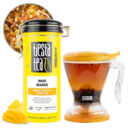 Image of Tiesta Tea - Maui Mango Tin & Infuser Starter Set, Loose Leaf, Premium Herbal Blend, Non-Caffeinated Hot & Iced, 6oz Refillable Tin and 16oz Brewmaster Coffee Bottom Dispensing Tea Infuser