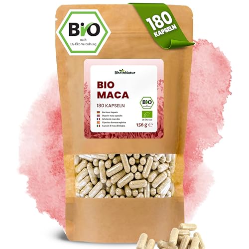 RheinNatur Bio Maca Kapseln 180 Stück - 4500 mg je Tagesdosis - Reines Bio-Macapulver in pflanzlicher Kapselhülle, vegan - Reich an Mineralstoffen, Vitaminen & Antioxidantien