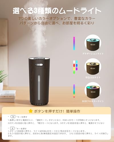 【2025発売新モデル加湿器・3種類ムードライト】加湿器 小型 卓上 除菌 アロマ対応 RGBライト お手入れ簡単 6畳対応 静音 自動停止機能 空焚き防止 次亜塩素酸水対応 乾燥/花粉症対策 オフィス/デスク/寝室/部屋/リビング/家庭/車用（ブラウン）