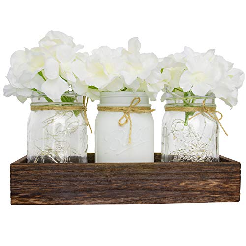 Fowecelt Mason Jar Lights Table Centerpiece Decor with Artificial Flowers for Dining Room Living Room Kitchen Table Decoration, Rustic Country Farmhouse Home Table Centerpieces Wood Tray with 3 Mason Jars