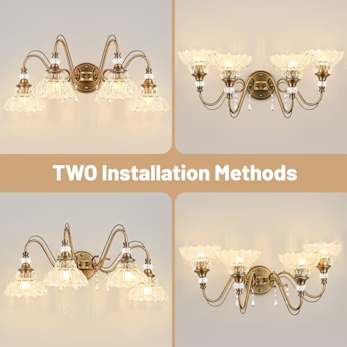 Image of Vintage Bathroom Vanity Light, 4-Light Matte Antique Brass Finish Wall Sconce with Hanging Crystal Accents and Flower-Shaped Clear Glass Shades, Retro Wall Mount Vanity Light Over Mirror for Bathroom