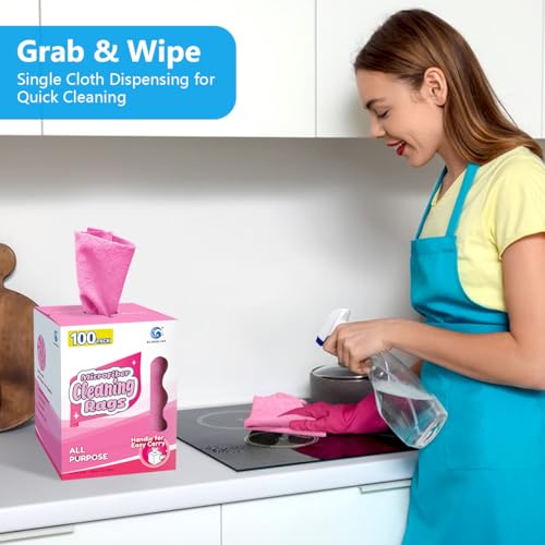 Image of GLIMGLINT Microfiber Cleaning Cloth 100 Pack, Reusable Paper Towels 11 x 9 | Lint Free & Ultra Absorbent Cleaning Rags for Car, Home, Kitchen, Glass & Screen, Washable Shop Towel Rag with Box Pink