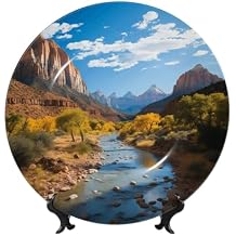 Bone China Decorative Plate Zion national park Bone China Dessert Plate Ceramic Dinner Plates with Display Zion national park Decorative Plate Stand Hanging Porcelain Plate for Home Wall Decor
