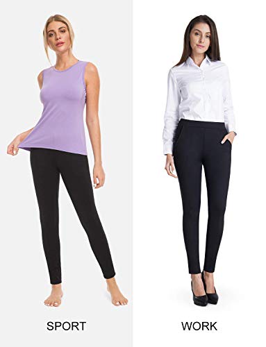 Bamans Women's Skinny Leg Work Pull On Slim Stretch Yoga Dress Pants W/Tummy Control (Black, Medium Petite) #TOP1