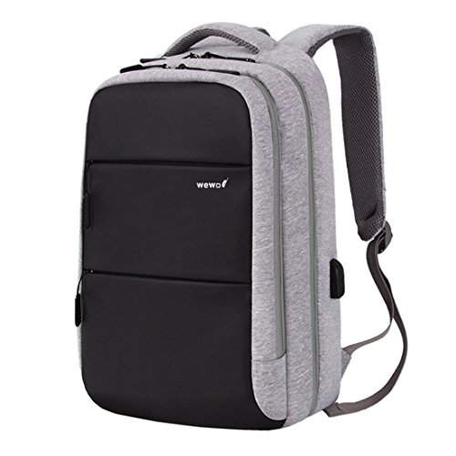 wewo Hommes Sac à Dos Ordinateur Portable Nylon Sac à Dos Imperméable Sac à Dos Scolaire Backpack avec USB Charging Port Multi-Fonctionnel (Gris)