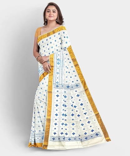 Image of eC ESHA'S COLLECTION Women's Kerala Cotton Floral Motif Printed Zari Bordered Tant Saree Without Blouse Piece
